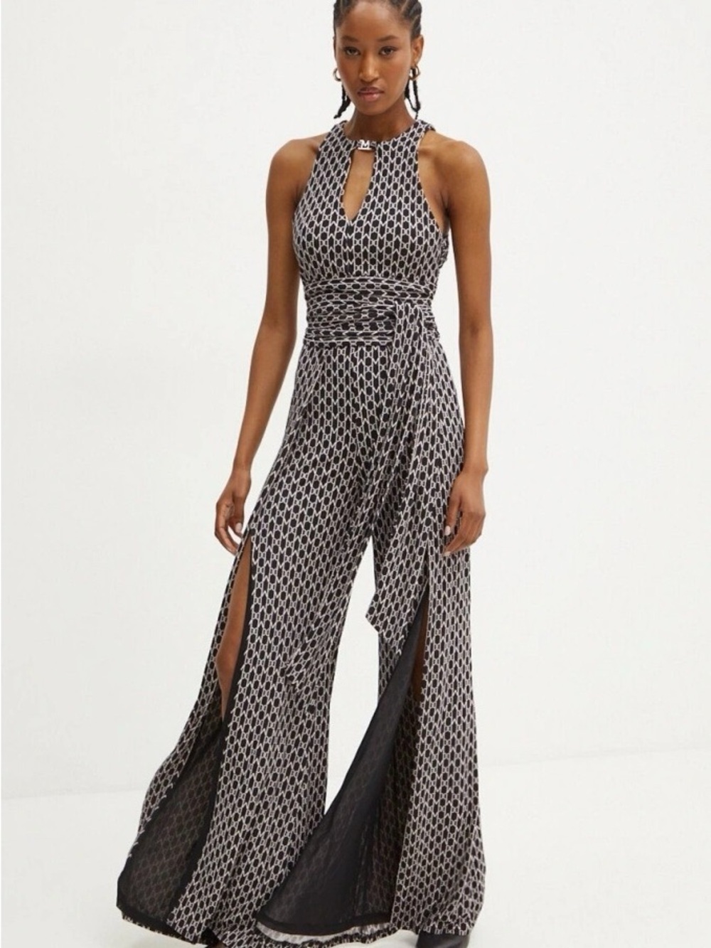 New Guess by Marciano Black and White Halter Jumpsuit with Front Slits